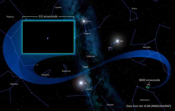 Η θέση του Voyager 1 στον ουρανό, όπως αυτό φαινόταν από το VLBA στις 21 Φεβρουαρίου 2013. Η πραγματική εικόνα είναι η κουκκίδα μέσα στο μεγεθυμένο τμήμα. Τότε το Voyager 1 απείχε 18,5 δισεκατομμύρια χιλιόμετρα από την Γη.